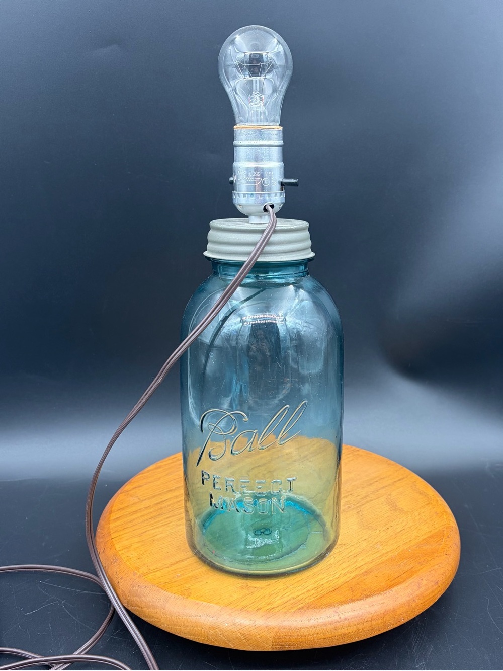 Vintage Aqua Ball Blue Perfect Mason Jar Half Gallon with Zinc Lid Lamp Rare